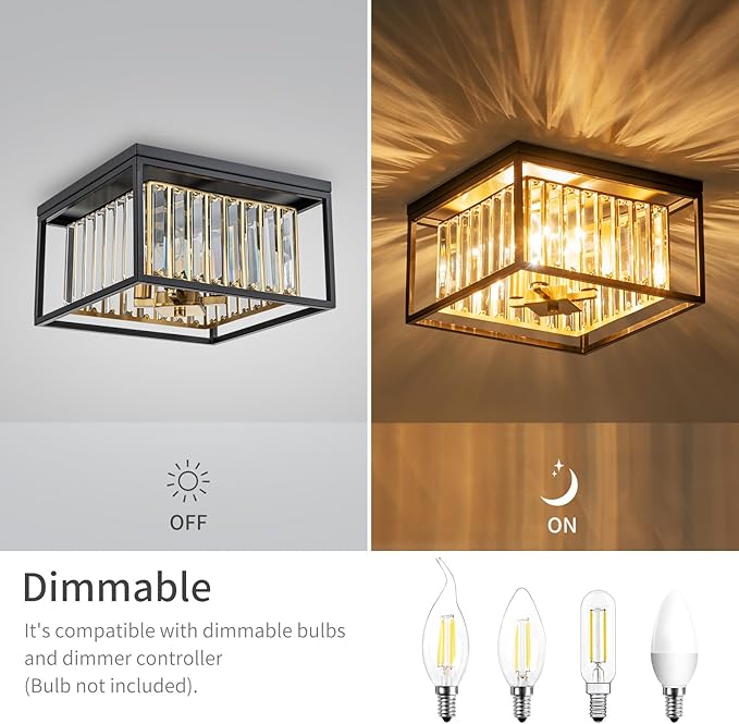 LumFurn 4-Lights Crystal Ceiling Light, 2-Tier Square Flushmount Light Fixture for Living Room, Foyer, Bedroom, L12 x W12 x H7, Brass & Gold Finish