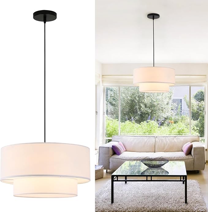 18" Drum Pendant Light Fixture, 3 Light Drum Chandelier with Wihte Fabric Lampshade, 2 Tier Dining Room Light Fixtures over Table, Ceiling Drum Chandeliers for Dining Room, Bedroom and Living Room