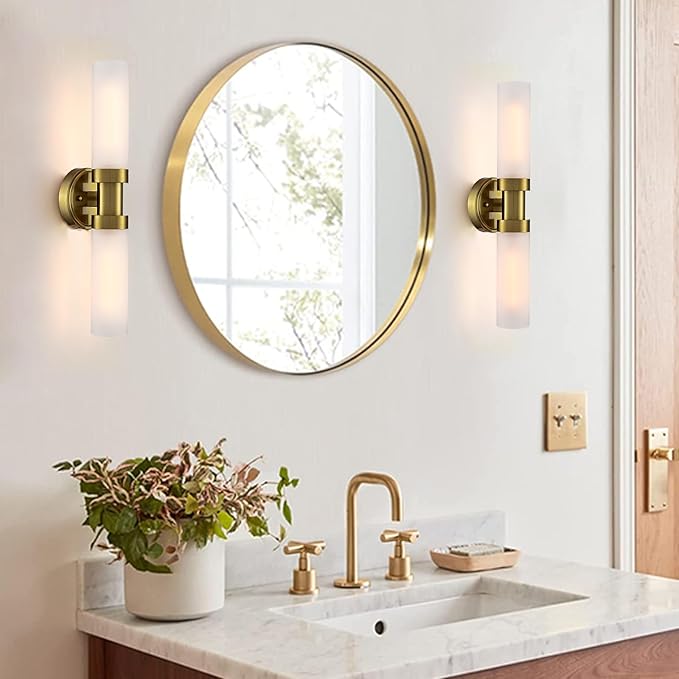 Modern Gold 2-Light Wall Sconce with Frosted Glass Shade 20-Inch Cylinder Bathroom Light Fixtures Brass Glass Sconces Wall Lighting for Living Room Bedroom