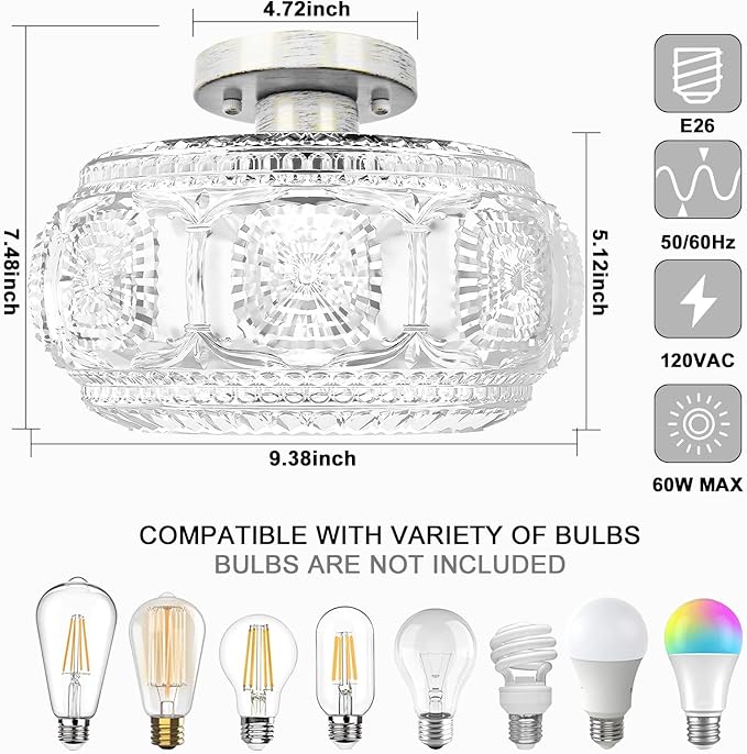Semi Flush Mount Ceiling Light, Globe Glass Ceiling Light Fixture, Brushed White Oak Modern Lighting for Hallway Bedroom Entryway Kitchen Porch, Bulb Not Included