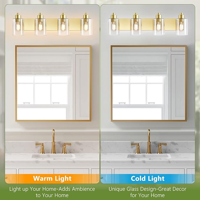 Dpyrrhic Gold Bathroom Light Fixtures,Gold Vanity Light Wall Sconces,4-Light Bathroom Lights Over Mirror with Clear Glass Shade for Kitchen Living Room Bedroom