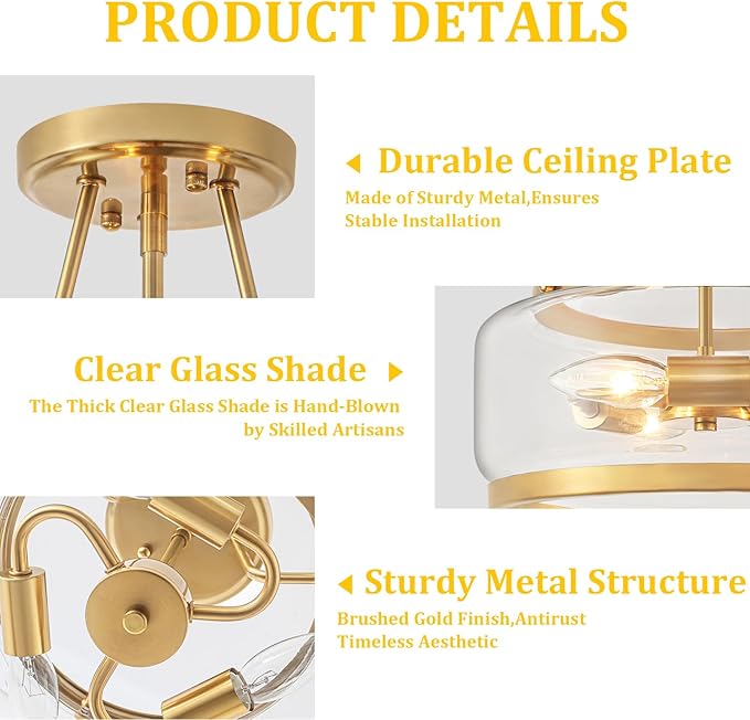 Brushed Gold Modern Ceiling Light Semi Flush Mount Hallway Lights Entryway Chandelier 3-Light Drum Glass Bathroom Ceiling Lighting Fixtures for Kitchen Foyer Bedroom Laundry Dining Room