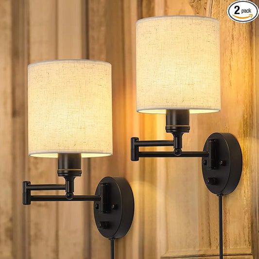 CADUKE Plug in Wall Light Set of 2, Swing Arm Wall Lamps, Modern Bedroom Wall Sconce Fixtures with Linen Lampshade for Reading Hallway Living Room