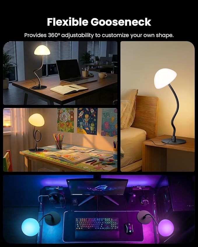RGB Bedside Table Lamp with 3 Color Temperatures, Stepless Dimmable Desk Lamp 5%-100%, Flexible Gooseneck LED Night Light, 4 Power Supply Options for Bedroom Living Room Office Gift