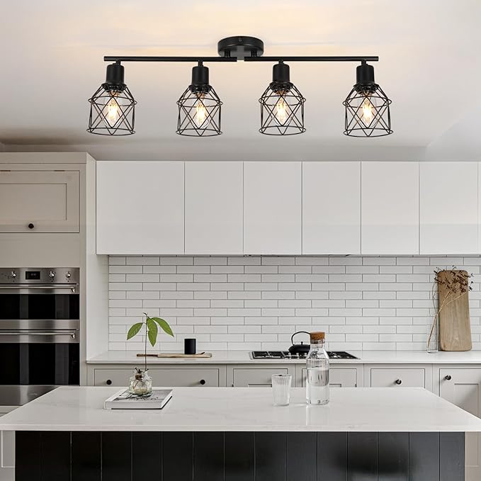 WILON Track Lighting Fixtures Ceiling 4-Light Flush Mount Ceiling Spot Lights, Industrial Track Light Black Kitchen Light Fixtures Rotatable Spotlight for Kitchen Hallway Living Room (E26 Base)