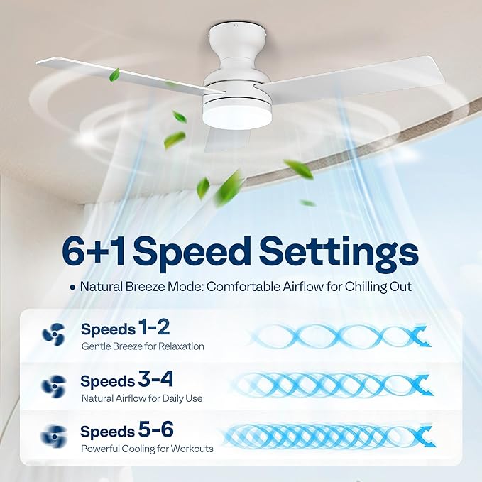 VIVOHOME Ceiling Fans with Lights, 42 inch Low Profile Ceiling Fan with Light and Remote, Flush Mount for Bedroom, Living Room, Garage, 6+1 Speeds, 3CCT, Dimmable, Timer, Quiet Reversible, White