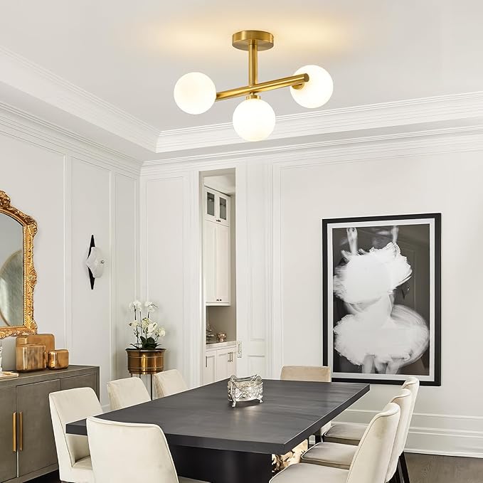 Globe Milk Glass Ceiling Light: Gold 3 Lights Sputnik Chandelier - Linear Mid Century Modern Semi Flush Mount Ceiling Light - 13 Inch Brass Lighting Fixture with Sphere Shade for Bedroom Living Room