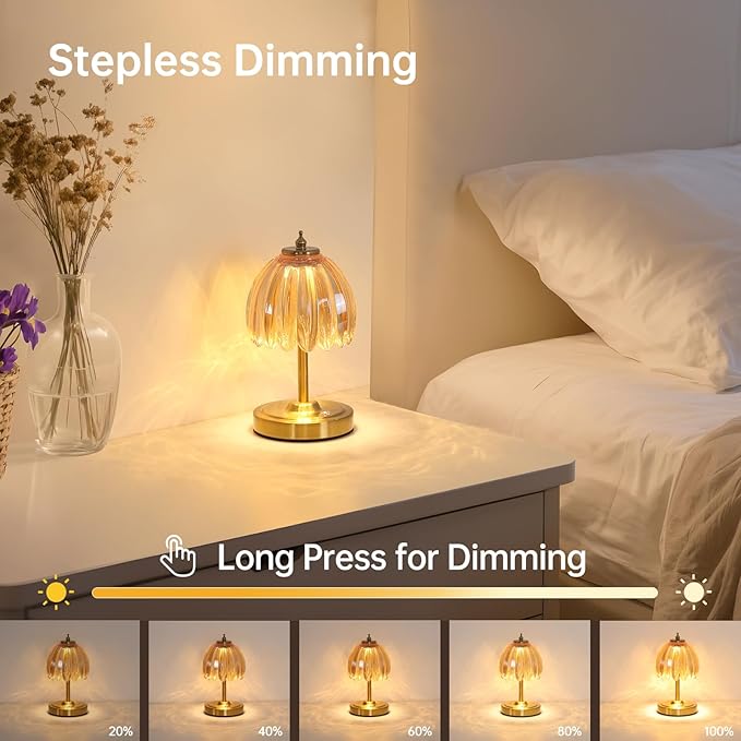Shenmoyl Tulip Small Table Lamp, 5200mAh Cordless Touch Control Mini Table Lamp with 3 Color Temps & Stepless Dimming, Perfect for Small Spaces Like Dressers, Bedsides, Bookshelves (Amber Tulip)