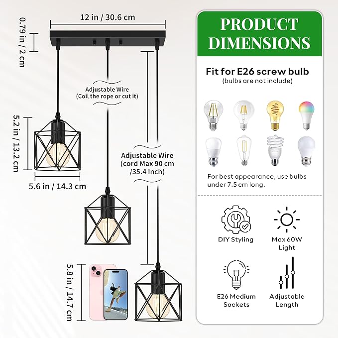 3 Light Pendant Lighting, Farmhouse Hanging Light Fixture for Kitchen Island & Dining Room, Industrial Vintage Ceiling Lamp with E26 Base, Adjustable Height, Matte Black