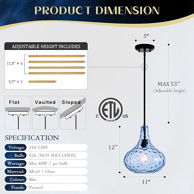 11" Hand-Blown Blue Glass Pendant Light, Hammered Glass Shade with Black Finish, Adjustable Modern Hanging Light Fixture for Kitchen Island, Dining Room, Hallway, Living Room