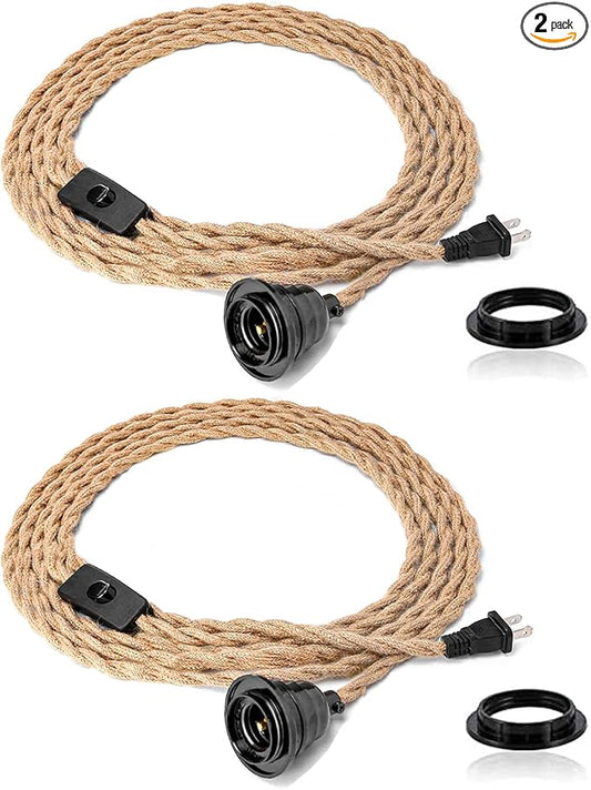 FRIDEKO HOME Farmhouse 15ft Pendant Lights - Hanging Lights with Plug in Cord Hemp Rope Pendant Lights Rustic Hanging Lamps that Plug into Wall Outlet for Kitchen Island Bedroom DIY Decor - 2 Pack