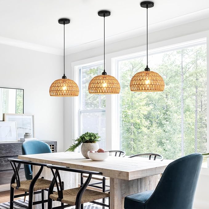 Rattan Pendant Light, Boho Dome Dining Room Chandelier, Brown Woven Kitchen Pendant Lighting over Island, Coastal Wicker Light Pendant Hanging Light Fixture for Nursery Entryway Bedroom, E26 Base