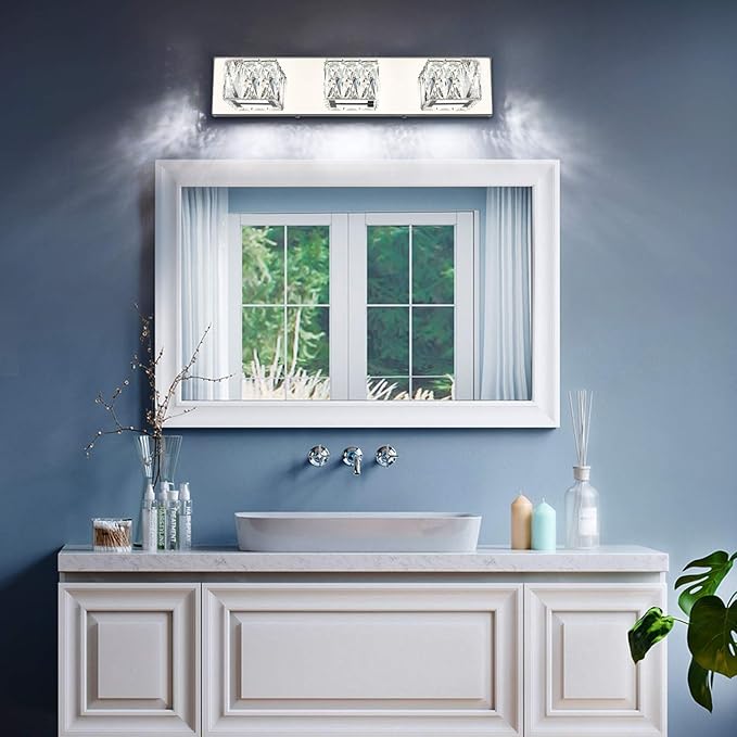 ZUZITO Modern Bathroom Vanity Lights - Crystal 3 Light Vanity Lighting Fixtures - Chrome Bathroom LED Light Fixture Over Mirror 6000K Cool White Light