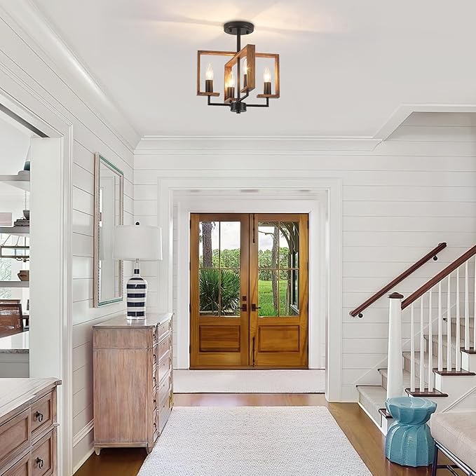 4-Light Farmhouse Ceiling Light, Semi Flush Mount Ceiling Light Fixture, Kitchen Island Lighting Rustic Wood Metal Geometric for Hallway Dining Room Entryway Laundry Bedroom