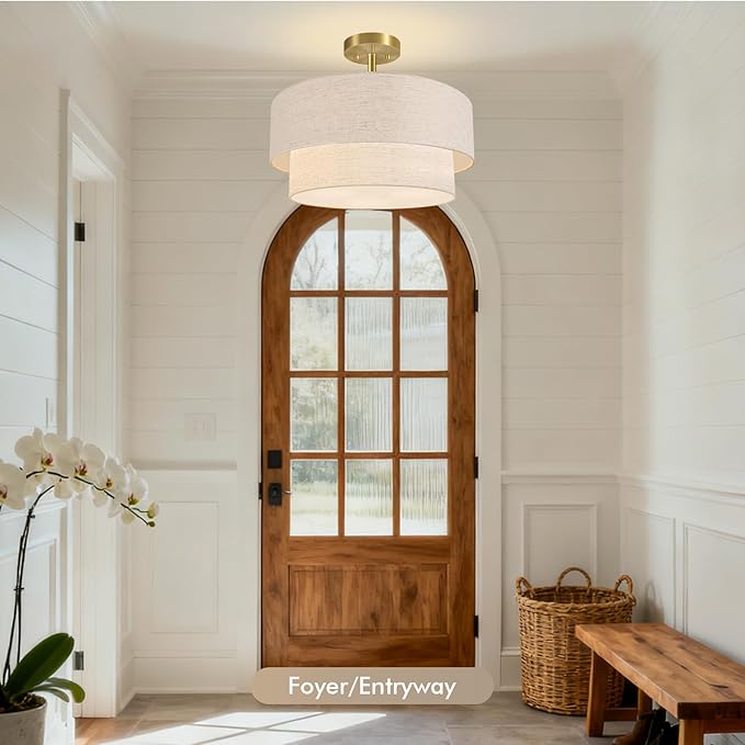 16.5'' Semi Flush Mount Ceiling Light, 3-Light Gold Ceiling Light Fixtures, Farmhouse Close to Ceiling Light with Linen Shade, Modern Drum Ceiling Light for Living Room/Hallway/Bedroom/Dining Room