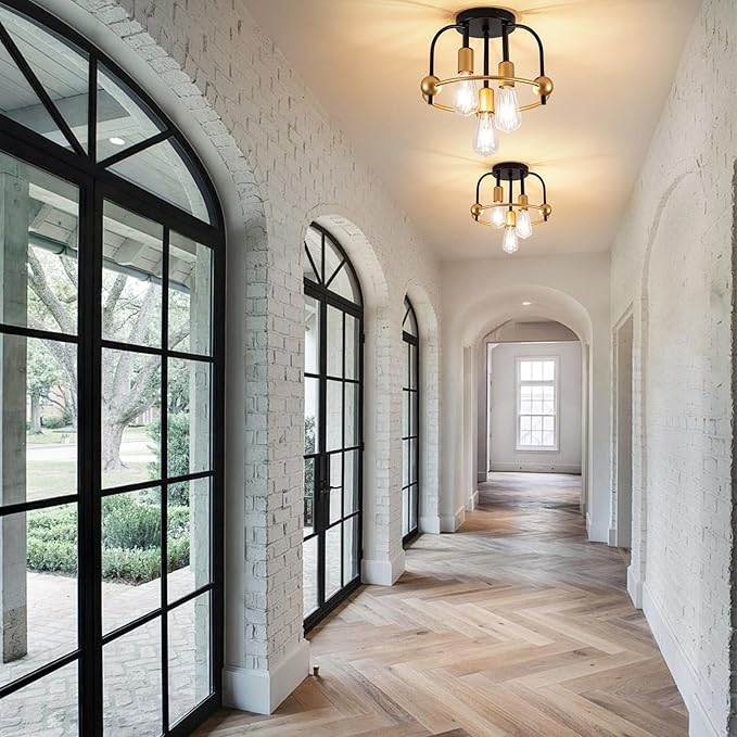 3 Light Industrial Ceiling Light Black Gold Semi Flush Mount Lights Close to Ceiling Light Fixtures,cage design Farmhouse Ceiling Lighting for Kitchen Bedroom Bathroom Foyer Hallway (E26, 2Pack)