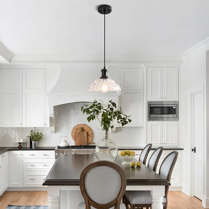 Vintage Pendant Light Kitchen Island, Black Pendant Light Fixture with Flower Clear Glass Shade, Antique Pendant Lamp for Dining Room, Living Room, Bedroom, Kitchen Island Sink