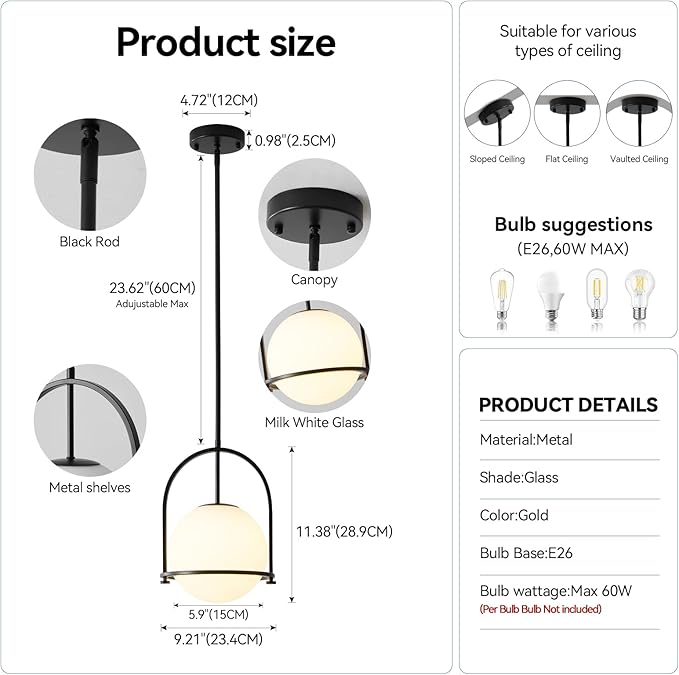 youngrender Modern Black Schoolhouse Pendant Light Fixture, 6" Black Globe Pendant Lighting with Hanging Adjustable Height, One Light Milk Glass Chandelier for Kitchen Island Dining Room Hallway