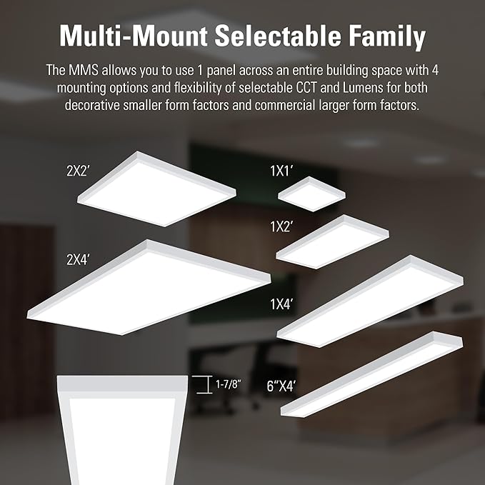 Metalux MMS Multi-Mount 1x1 LED Panel Ceiling Light with 5 CCT and 3 Lumen Select, 0-10V Dimming, Surface Mount, Recessed, Suspended, Wall Mount, 90 CRI - 11MMS-L3C5-UNV