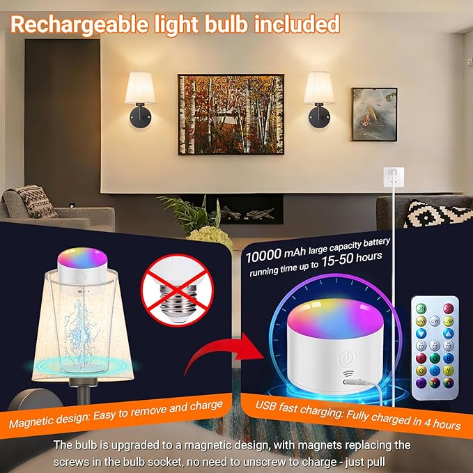 YHCDLAMP Peel and Stick Wall Sconces, No Drilling Stick On Wall Sconce, Wireless Battery Operated Wall Lights, Adhesive Wall Lamp with 10000mAh Battery Bulb for Bedroom Living Room Decor