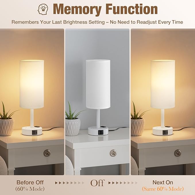 Touch Bedside Table Lamp with Memory - Stepless Dimmable Lamp for Bedroom, Small Nightstand Lamp with Dual USB Charging Ports and AC Outlet, Wood Night Light, Deak Lamp for Nursery (White & White)