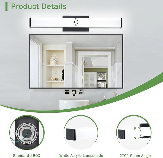 32 Inch Bathroom Vanity Light 3200LM, 5700K Daylight White Modern Bathroom Light Dimmable, AC 120V 36W Matte Black LED Vanity Lighting Fixtures Wall Sconce ETL Certified, 1Pack