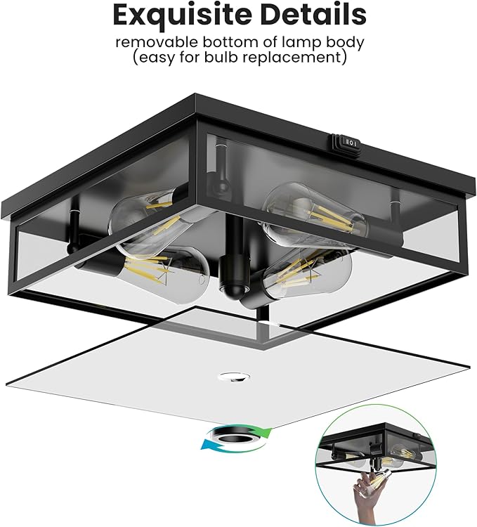 Caftersmark Outdoor Ceiling Light with Motion Sensor 14‘’, Flush Mount Porch Ceiling Light, lear Glass with Dusk to Dawn 4-Light Close to Ceiling Light Fixture for Patio,Porch,Garage