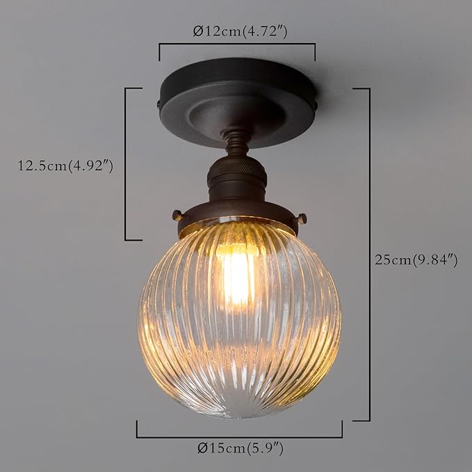 PERMO Semi Flush Mount Ceiling Light with 5.9" Globe Ribbed Glass Lampshade Vintage Matte Black Small Ceiling Light Fixture for Entry Way Bedroom Bathroom Porch