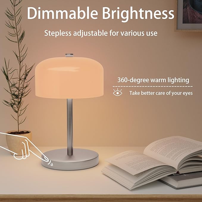 Small Portable Cordless Table Lamp, 3-Way Dimmable Touch Rechargeable Battery Powered Mushroom Lamp Bedroom Dining Table Living Room Shelf Decor,Gold