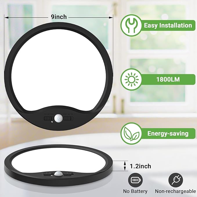 zemty 4Pack 9inch Motion Sensor Ceiling Lights Wired,18W 1800lm 3CCT/3 Mode/30-120s Timer, Bright Black LED Flush Mount Light Fixture Motion Activated for Closet Pantry Hallways Stairwells Garage
