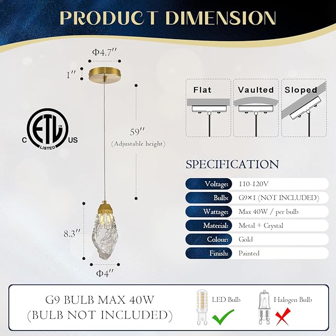 Gold Crystal Pendant Light, Modern Mini Hanging Ceiling Light with Prism K9 Crystals, LED Compatible Small Chandelier for Kitchen Island, Bathroom, Bedroom, Bar, Hallway, Foyer