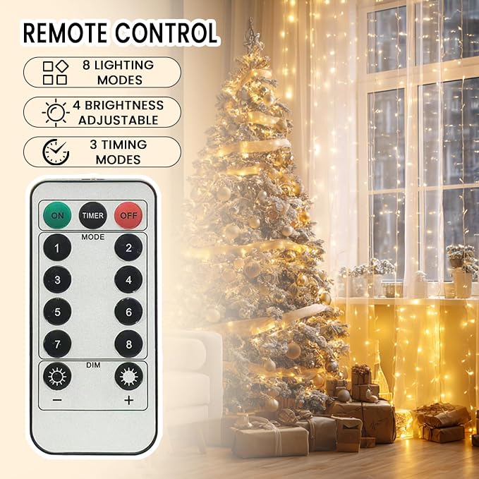 9.8x9.8Ft Curtain String Lights Plug in, 300 Warm White LED Curtain Lights with Remote,Timer,Memory,Waterproof Clear Wire for Indoor Outdoor Bedroom Window Decor