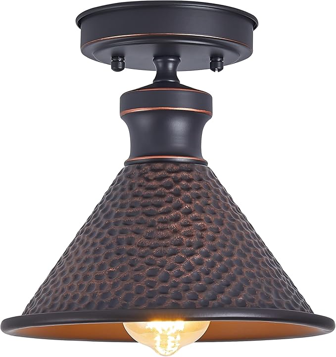 Tarentlight 9.2" Industrial Semi Flush Mount Ceiling Light,Vintage Hammered Pattern Cast Aluminum Shade,1-Light E26 Classic Lamp,Oil Rubbed Bronze Farmhouse Lighting for Hallway Kitchen Entryway.