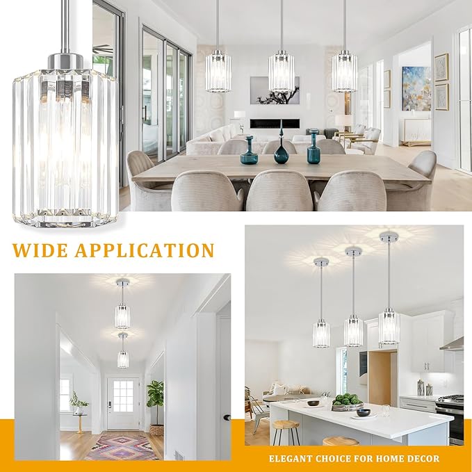 3-Pack Chrome Pendant Lights Kitchen Island Modern Crystal Hanging Pendant Light Hexagonal Mini Chandelier Adjustable Hanging Kitchen Lights for Dining Room Hallway Bedroom Entryway Light Fixture