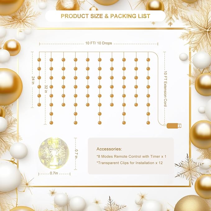Ball Curtain Lights, Warm White Window Light 70 Balls Hanging Lights with Remote Fairy Led Twinkle String Light Home Bedroom Wall Ceiling Décor for Christmas, Wedding, Party, Birthday