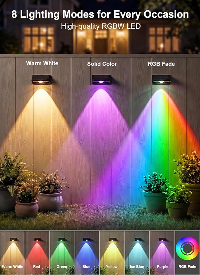 Solar Fence Lights Outdoor,White & RGB 8 Colors 12Pack Fence Lights Solar Powered Ultra-Bright LED Lens IP65 Waterproof Solar Patio Lights for Outside,Deck/Flood/Backyard/Yard /Step/Railings/Wall