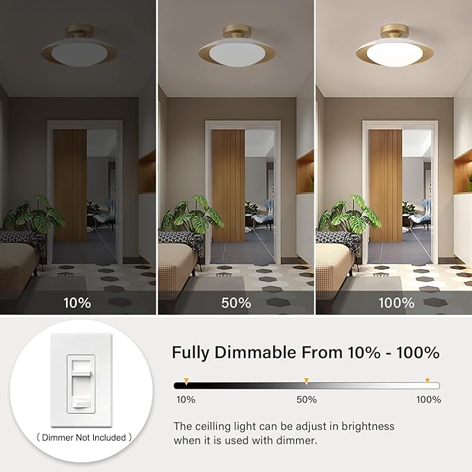 Dimmable Modern Mid-Century Ceiling Light, White and Gold LED Semi Flush Mount Ceiling Light, 5CCT 2700K-6000K Lighting Fixture Ceiling Lamp with Glass Shade for Bedroom Hallway Kitchen, 12.6in