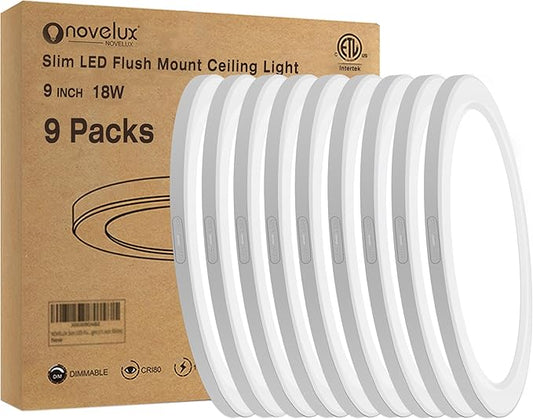 Flush Mount Ceiling Light Fixture - ETL Certified - 9 Inch Dimmable 5000K Daylight White LED, 0.63'' Ultra Thin Round Design for Bedroom, Bathroom, Kitchen, Hallway, Basement, Closet (9-Pack)‌
