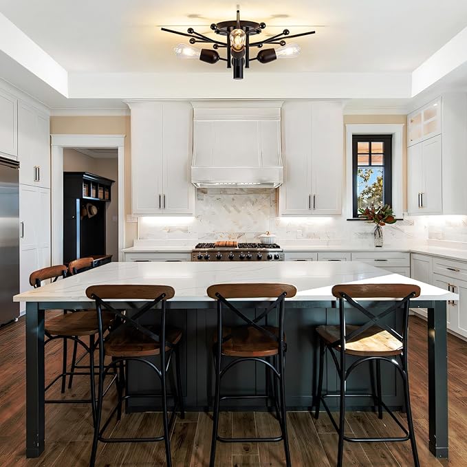 4 Light Sputnik Light Fixture Black Flush Mount Lights Industrial Ceiling Light Wood 25.24" Modern Farmhouse Ceiling Lights for Kitchen Bedroom Bathroom Foyer Hallway(E26)