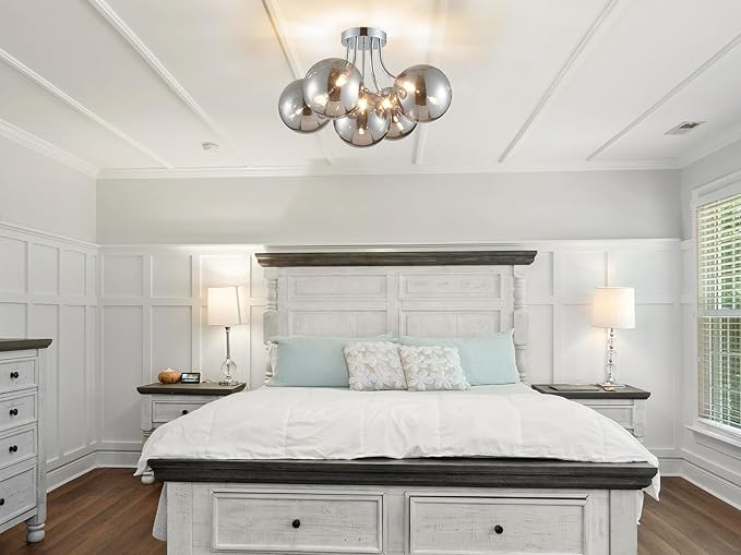 Silver Bubble Glass Chandelier 5-Light, Glass Sputnik Flush Mount Ceiling Light for Living Room, D16'' x H12'', G9*5 Sockets, Globe Bubble Light Chandelier with Grey Ball Smooth Shade