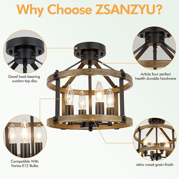 Farmhouse Semi Flush Mount Ceiling Light Fixture, 12.5 Inch 4-Light Rustic Ceiling Mount Light Fixtures, Round Brown Wood Finish Flush Mount Lights for Kitchen Bedroom Hallway Laundry Room