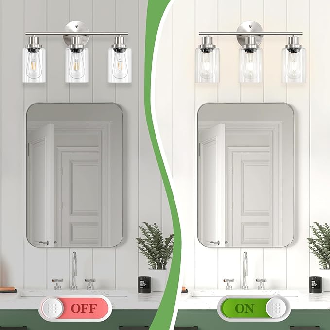 3-Light Brushed Nickel Vanity Lights, E26 Modern Bathroom Light Fixtures with Clear Glass Shade, Wall Lamps for Mirror Kitchen Hallway Cabinet Living Room Sconces Lights