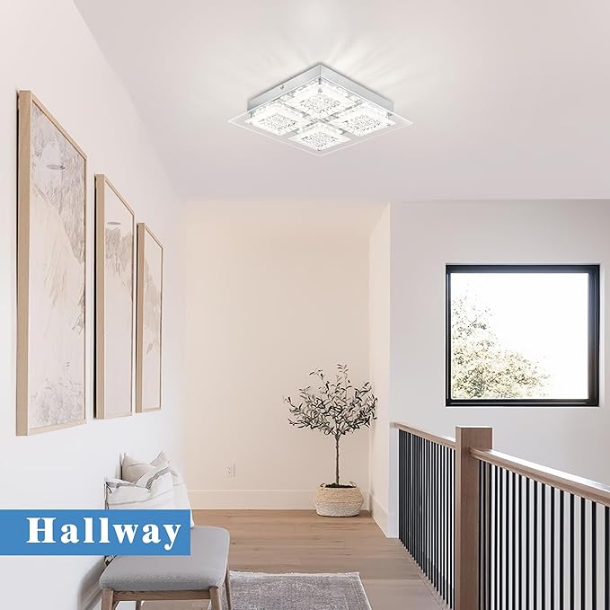 Crystal Ceiling Light LED Square Hallway Light Fixture Dimmable Flush Mount Ceiling Lights 14 Inch 4000K Bathroom Ceiling Lighting Foyer Chrome Kitchen Living Room Light