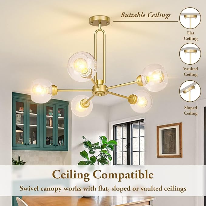Globe Chandelier Pendant Lighting, Gold Modern Large Semi-Flush Ceiling Light Fixture with Clear Glass, 5-Light Sputnik Light Fixture Dining Room, for Kitchen Living Room Bedroom
