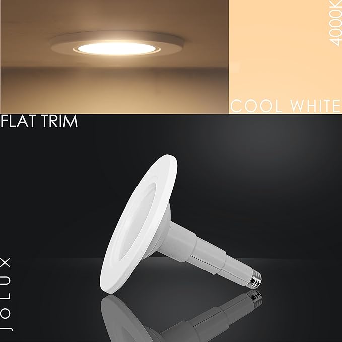 Jolux 5/6" Adjustable Height LED Retrofit Recessed Lighting 4 Pack,Dimmable Can Light,800 lumens 4000K Cool White,12W=60W,ETL Damp Rated,Easy Screw-in Install,Flat Trim,