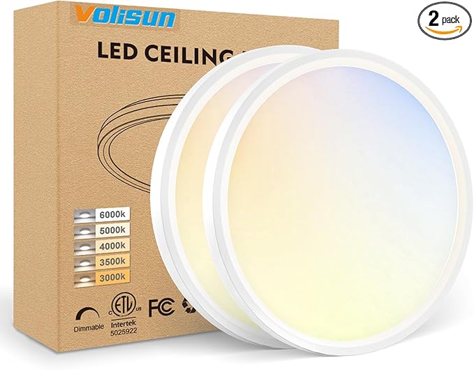 VOLISUN 2Pack 5CCT LED Flush Mount Ceiling Light, 7 inch Dimmable Ultra-Thin LED Ceiling Light Fixture, 3000K-6500K Selectable, 15W LED Ceiling Lights for Bedroom, Kitchen, Closet and Hallway (White)