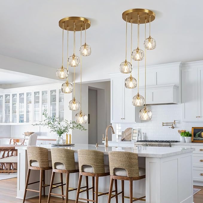Modern 6 Lights Cluster Pendant Lighting Multi Light Gold Crystal Chandelier Pendant Light Mid Century Anti Brass Clear Glass Round Ceiling Hanging Light Fixture