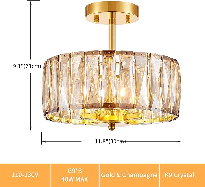 Crystal Ceiling Light, 3-Light Modern Semi-Flushmount Ceiling Light for Living Room, Dinning Room Hallway, D12xH9inch, Gold Finish Frame & Champagne K9 Crystal