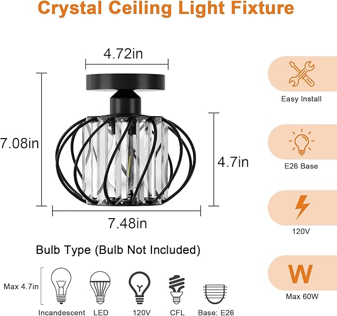 Black Crystal Ceiling Light Fixture - Crystal Chandelier Small Semi Flush Mount Ceiling Light Modern Lights Ceiling mount for Hallway Kitchen Entryway Bedroom Bathroom (2 Pack, 7.48 Inch)
