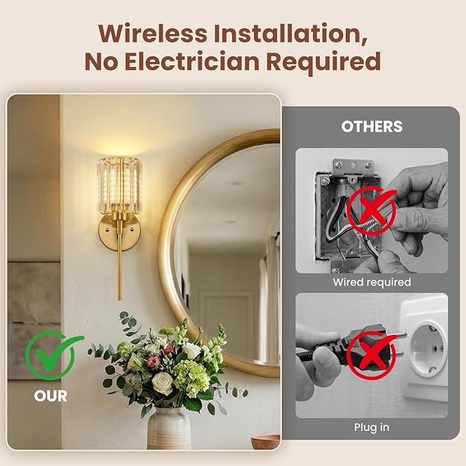 Crystal Battery Operated Wall Sconces, Brushed Gold Rechargeable Wireless Wall Sconce Lights with Dimmable Bulbs and Remote, 12 Colors and 3CCT Dimmable Crystal Lamps for Living Bedroom, 3000~6000K